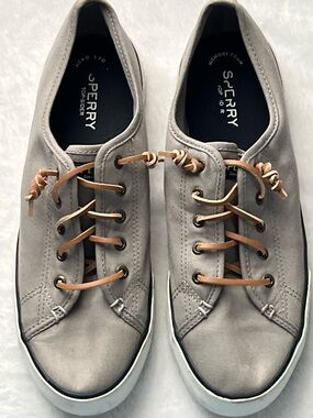 Sperry Men’s Gray Canvas Boat Shoes with Tan Leather Laces, Size 10M